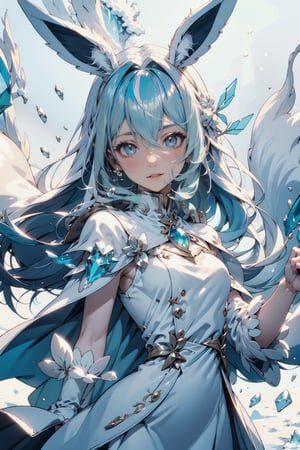 1 girl, solo, eevee ,(Snow, glaceon), human, crystalline, ((pale blue hair)), icy blue eyes,  snowflake dress, pure white outfit, fluffy collar, fluffy sleeves, crystal eyes, shiny clothes, porcelain skin, shiny skin, graceful, cold expression, ice attack, snowy wind, white dress, straight hair, flowing dress, sleeveless, icy crystals, pointed animal ears, winter dress, shiny, fluffy jacket, perfect fingers, perfect anatomy, fluffy of snow and ice,lora, blizzard attack, open mouth