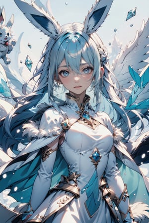 1 girl, solo, eevee ,(Snow, glaceon), human, crystalline, ((pale blue hair)), icy blue eyes,  snowflake dress, pure white outfit, fluffy collar, fluffy sleeves, crystal eyes, shiny clothes, porcelain skin, shiny skin, graceful, cold expression, ice attack, snowy wind, white dress, straight hair, flowing dress, sleeveless, icy crystals, pointed animal ears, winter dress, shiny, fluffy jacket, perfect fingers, perfect anatomy, fluffy of snow and ice,lora, blizzard attack, ((ice shards))