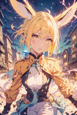 1 girl, solo, eevee, short blonde hair,  golden yellow eyes, stylish yellow outfit, yellow biker jacket, fluffy collar, cityscape background, dynamic pose, grinning, shiny eyes, different hairstyle, human, ,thundermagic, lightning in hands, electrical current in eyes, sparks, pointy animal ears