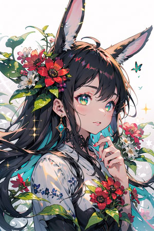 masterpiece, best quality, 1 girl, flowers, floral background, nature, pose, perfect hands,  detailed, sparkling, lace outfit, long hair, ultra detailed, ultra detailed face, clear eyes, good lighting,, perfect anatomy, different hairstyles, hair ribbons, front view,eevee, leafeon, human, emerald_eyes, animal ears, green theme, green colouring, dark hair, dark background, sparkles