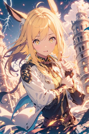 1 girl, solo, eevee, short blonde hair,  golden yellow eyes, stylish yellow outfit, yellow biker jacket, fluffy collar, cityscape background, dynamic pose, grinning, shiny eyes, different hairstyle, human, ,thundermagic, lightning in hands, electrical current in eyes, sparks, attack pose, lightning in hands, focused,