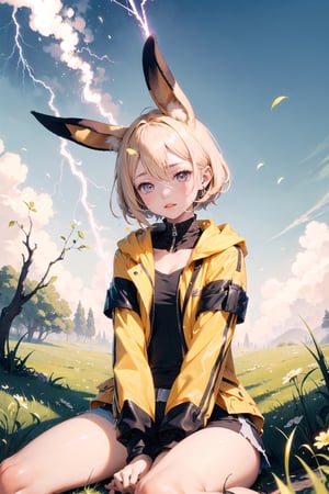 1 girl, solo, eevee, short blonde hair,  golden yellow eyes, stylish yellow outfit, black biker jacket, fluffy collar, nature background, dynamic pose, serious expression, shiny eyes, different hairstyle, human, ,thundermagic, lightning in hands, pointy animal ears, on knees, add brightness,  perfect anatomy, daylight, sunny, close up, leaning_forward, sitting_down, grassy landscape, lightning ball in hand, ((lightning attack)), magic thunder, perfect face, shiny jacket, animal ears 