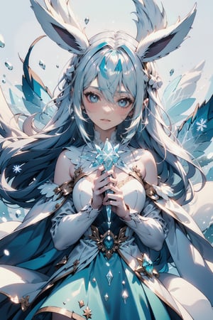 1 girl, solo, eevee ,(Snow, glaceon), human, crystalline, ((pale blue hair)), icy blue eyes,  snowflake dress, pure white outfit, fluffy collar, fluffy sleeves, crystal eyes, shiny clothes, porcelain skin, shiny skin, graceful, cold expression, ice attack, snowy wind, white dress, straight hair, flowing dress, sleeveless, icy crystals, pointed animal ears, winter dress, shiny, fluffy jacket, perfect fingers, perfect anatomy, fluffy of snow and ice,lora, blizzard attack, ((ice shards)), holding ice