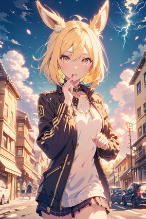 1 girl, solo, eevee, short blonde hair,  golden yellow eyes, stylish yellow outfit, yellow biker jacket, fluffy collar, cityscape background, dynamic pose, grinning, shiny eyes, different hairstyle, human, ,thundermagic, lightning in hands, electrical current in eyes, sparks