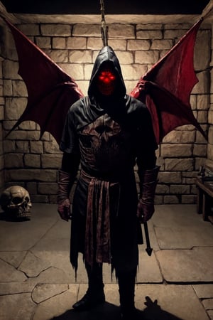 In the corner of a dungeon in the Middle Ages, under the dim light of an oil lamp, there is a hooded mage standing atop a pile of skulls. The emaciated mage is dark and menacing. In his left hand, he holds a blood red staff topped with an obsidian bat with its wings spread. His eyes are hidden in shadow and his face is skullish. His black robe is adorned with a red stole covered in demonic runes. Spiderwebs can be seen in the dark background of the cavern. More demonic runes can be seen on the dungeon walls. ,Gael,nodf_lora,oil painting,Handsome Belgian Men