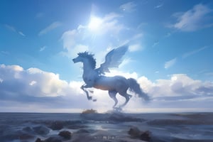 Pegasus running through the sky. white pegasus.,<lora:659111690174031528:1.0>
