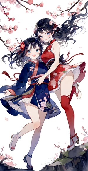 Masterpiece, Best Quality, Aesthetics, Watercolor\(中\), Tupinipunk, 2girl, one wearing a sexy short skirt cheongsam with plum blossom pattern, one wearing a sexy short kimono with cherry blossom pattern, Lyco art, black hair, Blue eyes, whole body, long hair, looking at the viewer, open mouth, holding hands, hooking arms, smiling, walking, running, happy, white shoes, cherry blossom tree, cherry blossoms and plum blossoms, petals, fantasy