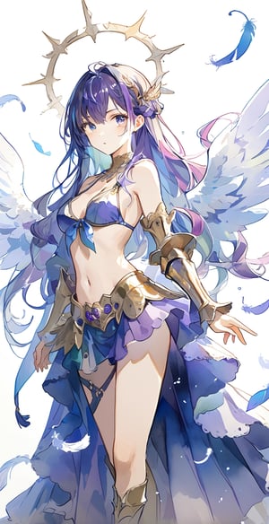 Watercolor, watercolor style, masterpiece, boutique, aesthetic, art, solo, looking at viewer, long hair, shut up, purple hair, 1 woman, right blue eye, left purple eye, female focus, multicolored hair, bikini style golden armor , two-tone hair, variegated, ochia colored hair, a pair of feathered big wings, handsome standing pose, feathers, angel, simple background, anime, looking at the viewer,