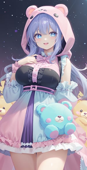  boutique, aesthetic, art, tarot cards, solo, looking at the audience, long hair, open smile, upper teeth, purple hair, 1 cute woman, right blue eye, left purple eye, Female focus, colorful hair, teddy bear hood, teddy bear costume, two-color hair, variegated color, ochia colored hair, pile of gift boxes, cute standing, warm, pink dreamy, simple background, anime, looking at the viewer,kawaiitech,masterpiece