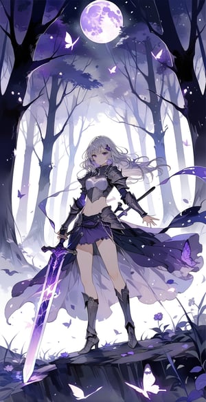 masterpiece, best, aesthetic, glowing sword, 1girl, solo, sefer, sword holding, purple glowing sword, tarot cards, dark paladin, 20 something woman, standing, white hair, messy hair, silver armor , exposed navel, purple skirt, purple cloak, purple eyes, night, moon, forest, purple flowers, purple magic butterfly, beauty, watercolor\(center\), very detailed