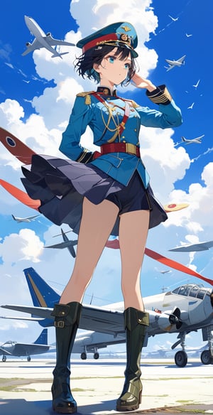 , masterpiece, boutique, beauty, 1girl, solo, serious expression, light blue military uniform, aqua blue military uniform, 20-year-old woman, standing, salute, black hair, aqua military cap, short hair flying, hourglass figure, thin waist, ( Model picture), (full body), perfect legs, perfect hands, military boots, blue eyes, blue sky, tank, blooming plum blossoms, airplane background, beautiful, (center\), very detailed,Expressiveh
