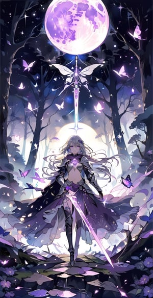 masterpiece, best, aesthetic, glowing sword, 1girl, solo, sefer, sword holding, purple glowing sword, tarot cards, dark paladin, 20 something woman, standing, white hair, messy hair, silver armor , exposed navel, purple skirt, purple cloak, purple eyes, night, moon, forest, purple flowers, purple magic butterfly, beauty, watercolor\(center\), very detailed