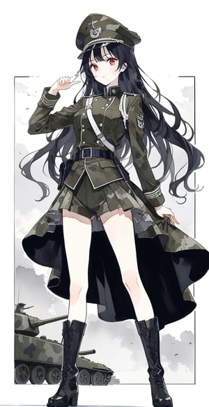 Black and white line drawing, only the eyes have color, masterpiece, boutique, aesthetic, 1girl, solo, serious expression, camouflage green military uniform, military uniform, 20-year-old woman, standing, pointing forward, black hair, military hat, long hair flying, hourglass figure, Thin waist, (model picture), (whole body), perfect legs, perfect hands, military boots, red eyes, daytime, blue sky, blue sky and white sun, tank car, huge plum blossom pattern in the background, beautiful, simple watercolor background \(center\), Very detailed, black and white