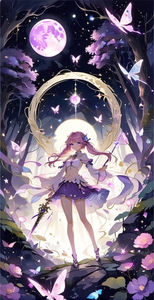 masterpiece, best, aesthetic, glowing wand, 1girl, solo, seve, wand holding, purple glowing wand, tarot cards, dark magical girl, 20 something woman, standing, pink hair, twintail hair, purple &amp; White clothes, exposed navel, purple skirt, magical girl, purple eyes, night, blue moon, glowing forest, purple flowers, purple magic butterfly, beauty, watercolor \(center\), very detailed