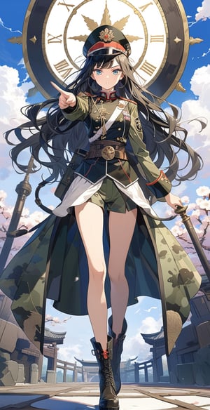 , masterpiece, boutique, aesthetic, 1girl, solo, serious expression, camouflage green military uniform, military uniform, 20-year-old woman, standing, pointing forward, black hair, military cap, long hair flying, hourglass figure, thin waist, (model picture) , (full body), perfect legs, perfect hands, military boots, blue eyes, blue sky, tank, huge plum blossom background pattern, beautiful, (center\), very detailed,