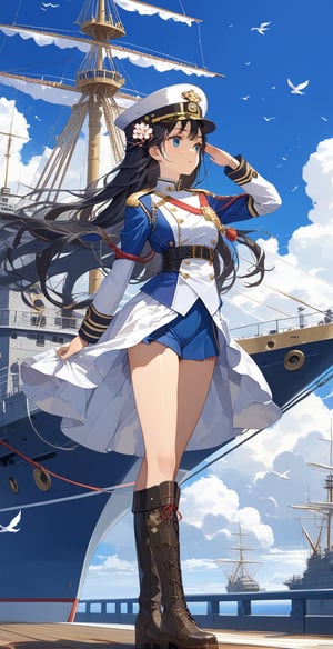 , masterpiece, boutique, beauty, 1girl, solo, serious expression, white military uniform, white military uniform, 20-year-old woman, standing, saluting, black hair, white hat, long hair flying, hourglass figure, thin waist, (model picture), (whole body), perfect legs, perfect hands, military boots, blue eyes, blue sky, blooming plum blossoms, on a warship, beautiful, (中\), very detailed,