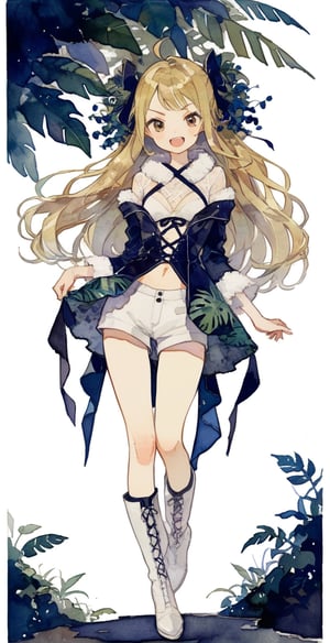 masterpiece, best quality, aesthetic,watercolor \(medium\), Tupinipunk, 1girl,Walking with an exaggerated hip swing, Lyco art , Lace-up bikini with a crisscross front and a tropical leaf print, :d, ahoge, blonde hair, boots, brown eyes, dress, full body, fur trim, fur-trimmed sleeves, hair ribbon, jacket, long hair, long sleeves, looking at viewer, open mouth, ribbon, sidelocks, smile, solo, standing, standing on one leg, teeth, upper teeth only, v-shaped eyebrows, very long hair, white dress, white footwear, white shorts