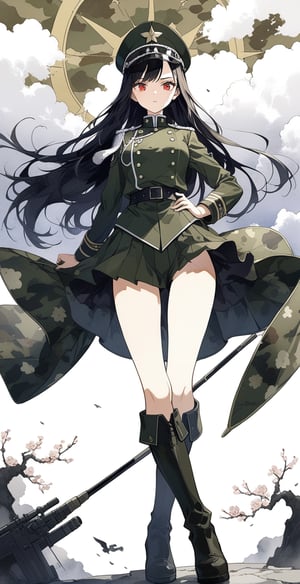 Black and white line drawing, only the eyes have color, masterpiece, boutique, aesthetic, 1girl, solo, serious expression, camouflage green military uniform, military uniform, 20-year-old woman, standing, pointing forward, black hair, military cap, long hair flying, hourglass figure, thin Waist, (model picture), (whole body), perfect legs, perfect hands, military boots, red eyes, blue sky, huge five-star white clouds, tanks, huge plum blossom background pattern, beautiful, watercolor background\(center\), very detailed, black and white
