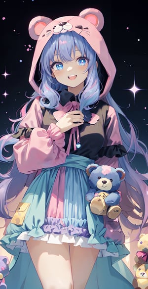  boutique, aesthetic, art, tarot cards, solo, looking at the audience, long hair, open smile, upper teeth, purple hair, 1 cute woman, right blue eye, left purple eye, Female focus, colorful hair, teddy bear hood, teddy bear costume, two-color hair, variegated color, ochia colored hair, pile of gift boxes, cute standing, warm, pink dreamy, simple background, anime, looking at the viewer,kawaiitech
