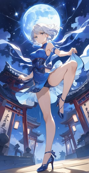 Japanese comics, light color, masterpiece, boutique, aesthetic, 1girl, solo, tarot cards, cheongsam, white hair, hourglass figure, thin waist, (model picture), (full body), perfect legs, perfect hands, high heels , Chinese martial arts master, fighting stance, night, moon, beautiful woman, starry sky, Milky Way starry sky watercolor background \(center\), very detailed,octans,midjourney,scenery