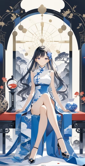 Masterpiece, boutique, beautiful, 1girl, tarot card pattern, beautiful white cheongsam, sitting with hunched feet, side eyes, black hair, long hair, hourglass figure, thin waist, (model figure), (full body), perfect Legs, perfect hands, high heels, blue eyes, beautiful woman, simple watercolor background \(center\), very detailed, black and white