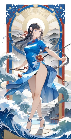 masterpiece, boutique, beautiful, 1girl, tarot card pattern, beautiful white cheongsam, martial arts action, Chinese kung fu, fighting pose, side eye, black hair, long hair, hourglass figure, slim waist, (model figure), (full body) , perfect legs, perfect hands, high heels, blue eyes, beautiful woman, distant mountains and flowing water watercolor background \(center\), very detailed, black and white