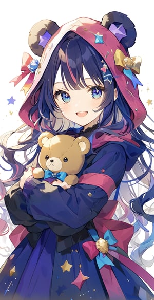 boutique, aesthetic, art, tarot cards, solo, looking at the audience, long hair, open smile, upper teeth, purple hair, 1 cute woman, right blue eye, left purple eye, Female focus, colorful hair, teddy bear hood, teddy bear costume, two-color hair, variegated color, ochia colored hair, pile of gift boxes, cute standing, warm, pink dreamy, simple background, anime, looking at the viewer,