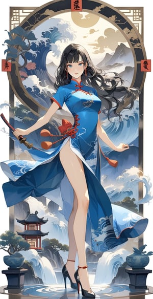 masterpiece, boutique, beautiful, 1girl, tarot card pattern, beautiful white cheongsam, martial arts action, Chinese kung fu, fighting pose, side eye, black hair, long hair, hourglass figure, slim waist, (model figure), (full body) , perfect legs, perfect hands, high heels, blue eyes, beautiful woman, distant mountains and flowing water watercolor background \(center\), very detailed, black and white