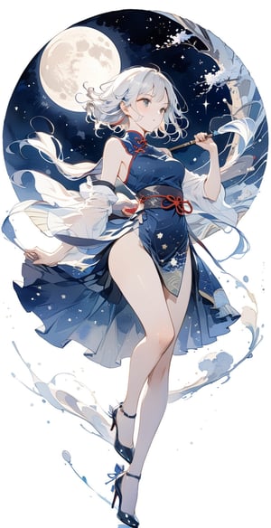 Japanese comics, light color, masterpiece, boutique, aesthetic, 1girl, solo, tarot cards, cheongsam, white hair, hourglass figure, thin waist, (model picture), (full body), perfect legs, perfect hands, high heels , Chinese martial arts master, fighting stance, night, moon, beautiful woman, starry sky, Milky Way starry sky watercolor background \(center\), very detailed,