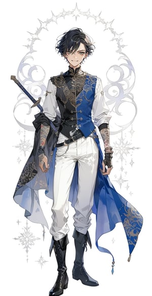 Masterpiece, watercolor, best quality, aesthetic, arabesque, realistic, young man dressed in colorful clothes, often decorating himself with silver jewelry and intricate tattoos, 1 male, holding an arabic scimitar, dark eyes, black shoes, Black hair, white pants, handsome appearance,, full body, gloves, grinning, hands on waist, male focus, pants, leather boots, shoes, short hair, smile, solo, standing,