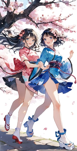 Masterpiece, Best Quality, Aesthetics, Watercolor\(中\), Tupinipunk, 2girl, one wearing a sexy short skirt cheongsam with plum blossom pattern, one wearing a sexy short kimono with cherry blossom pattern, Lyco art, black hair, Blue eyes, whole body, long hair, looking at the viewer, open mouth, holding hands, hooking arms, smiling, walking, running, happy, white shoes, cherry blossom tree, cherry blossoms and plum blossoms, petals, fantasy,scenery