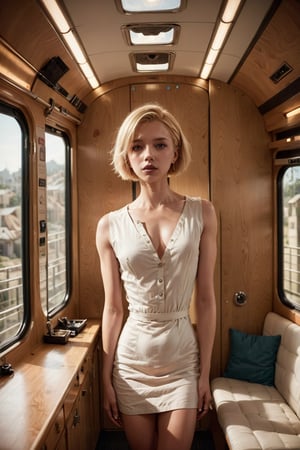 (a beautiful woman in train cabin, perfect blonde short hair, fashion dress, Neat and simple:1.45), 
(bust shot, portrait, photography, modern realistic photo, cinematic shot, dynamic shot:1.45), 24mm, (analog, cinematic, film grain, hazy atmosphere:1.1), (Split-Complementary Colors, Harmonious Colors:1.1), (detailed, seductive, epicPhoto:1.1),
(modern interior design, Unique and stylish design, construction sales photography, interior design, design competition, Award competition, Designer Collection, masterpiece:1.2), (sofa|tables|chairs|kitchenware|bathtub|toilet|bar|bed|recliner_furniture, Pillows|Pillows|Carpets|Curtains_Textiles, Wood|Tiles|Stone_Floors, garden|pool|plant_landscape:1.1),
Natural beauty background, blurred background,
ac_neg1, great lighting, extremely detailed, zoya, campervandecoration,void,future_skyline,urban,city,architecture,building,future,futureskyline,Floor Plan,zoya,campervan,traincabin