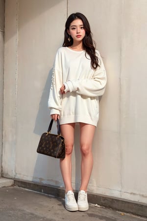1girl, solo, long hair, black hair, dress, standing, full body, shoes, bag,louis vuitton bag, white footwear, sneakers, photo background,Perfect lips
