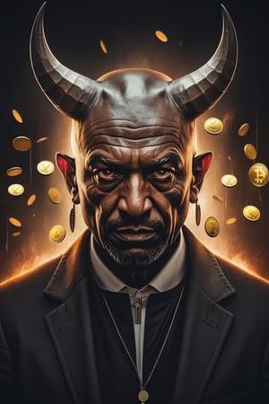 Dreamy portrait, a devil with the face of Bezos (reference to Amazon). He holds a pitchfork in one hand and a wad of money in the other.((( In the background are bitcoin coins, dollar bills, euro and dollar signs))),
Title below: He'll Gate Refund
The text is in some cool style, you can add drips, warm lights, by Peter Lindberg, Lee Jeffries
