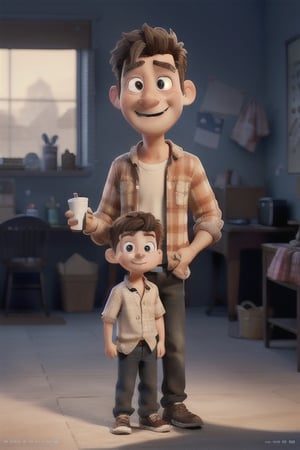 a movie poster saying finding dad and a small boy holding an empty cup