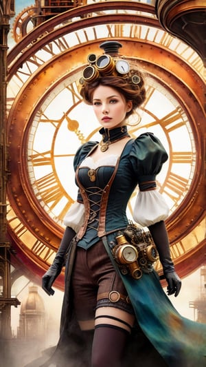 high quality, 8K Ultra HD, high detailed, Steampunk Time Voyager, Watercolor, wash technique, colorful, blurry, smudge outline, like a fairy tale, The protagonist, a courageous young beautiful woman adorned in a blend of vintage and futuristic attire, Embark on a thrilling journey through time in a steampunk-infused world, where past and future intertwine in perfect unison, This intricate digital art piece captures the essence of a daring time voyager exploring a Victorian-era metropolis with a steampunk twist, stands atop a colossal clock tower adorned with ornate cogs and gears, propelled by precise mechanical propellers, The city's architecture harmoniously blends classic Victorian elegance with intricate steampunk machinery, resulting in a visually captivating juxtaposition, by yukisakura, awesome full color,
