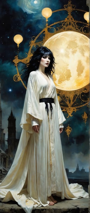 please create a fantastical painting (imagining “dream of the endless” from the series sandman), ( gaiman, dave mckean, bill sienkiewicz), dream appears as a thin goth girl with a wild messy rockstar black hair, high cheekbones and palest skin, he is wearing a robe cloaking him in dreams, he is shaping the world of the dreaming, creating new dreams and nightmares, shapes flow into each other in ethereal ways symbolizing the half-formed mercurial nature of how we experience dreams, the colors are rich, there is a variety of textures, the image combines digital and traditionsl painting techniques to create visual intrigue, dramatic, cinematic lighting,Decora_SWstyle,ink 