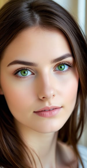 portrait of a young woman. she is looking up at the camera. her shoulder length brown hair frames her face. she is confident. natural beauty. beautiful green eyes with a little brown ring in her iris. catchlights in the eyes. full lips. The image has a neutral color tone with natural light setting. f/5.6 50mm, close-up, sharp focus, (Best Quality:1.4), (Ultra realistic, Ultra high res), Highly detailed, Professional Photography