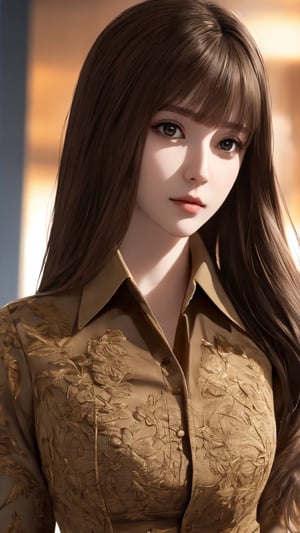 photorealistic, masterpiece, best quality, raw photo, 1girl, solo, long hair, brown hair, detailed face, alluring face, collared shirt, medium breasts, dynamic pose, looking at viewer, from below, detailed background, fine detailed, intricate detail,  ray tracing, depth of field, low key, hdr,1 girl,black pantyhose,mcdonalds_mom