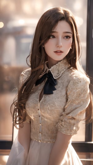 photorealistic, masterpiece, best quality, raw photo, 1girl, solo, long hair, brown hair, detailed face, alluring face, collared shirt, medium breasts, dynamic pose, looking at viewer, from below, detailed background, fine detailed, intricate detail,  ray tracing, depth of field, low key, hdr,1 girl,modernvilla