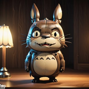 Super creepy caricature of Totoro in Pixar style, well-formed, wooden boy, really long nose, chibi, 3d rendered model, character design, cozy lighting, wealth of details, dark fantasy horror, octane render, style of Mad Magazine, Disney, Tim Burton, Mahesh Nambiar, 🏚️