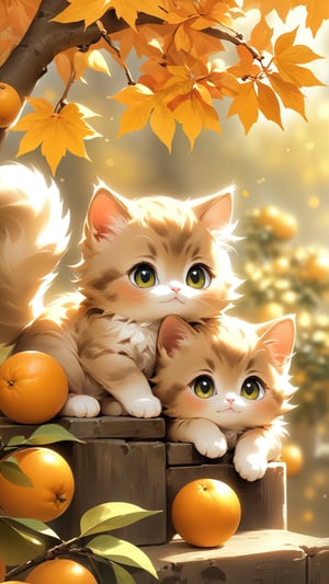 Side view shot, Turn around and look ahead, Two cute little fluffy fat kittens wearing pink coat sit down on the orange tree branch and Picking oranges from the treeand smiled happily, Autumn style, realistic high quality orange tree, oranges full the branch, maple leaves falling, big eyes so cute and beautiful, under the tree have a table, and apples and beautiful flowers, maple leaves falling, orange near flowers, Turn around and look viewers , pink flowers blooming fantastic amazing and romantic lighting bokeh, yellow flowers blooming realistic and green plants amazing tale and lighting as background, Xxmix_Catecat