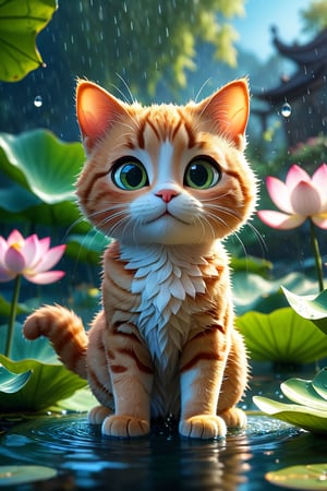 cinematic film still style of Pixar,,piper,(cat),in the style of cute and dreamy,backlight,colorful caricature,rain,summer pond,lotus leaf,lotus,((water drops)),wet clothes,((beautiful detailed water)),((floating)),dynamic angle,:d,smug,naughty_face,, (((masterpiece))),(((best quality))),((ultra-detailed)), Hyper Real,Photorealistic,16K,high detail,high resolution . shallow depth of field, vignette, highly detailed, high budget, bokeh, cinemascope, moody, epic, gorgeous, film grain, grainy