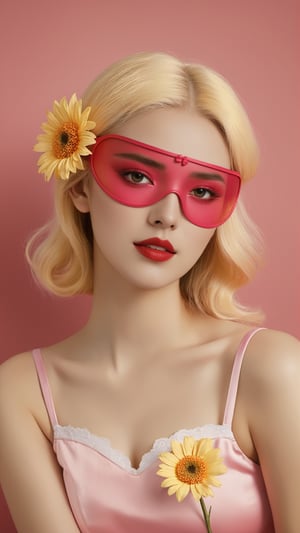 1girl, art nouveau, Pink and white dress, yellow hair, red dress (((pink and yellow Photorealistic))),Flower Blindfold,FilmGirl