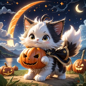 "An imaginative portrayal of a small, uniquely designed fantasy Calico kitten sailing independently across an open grassy field under the night sky, ((Halloween themes)), ((pumpkins)). The kitten proudly displays the emblem of piracy, its sails billowing in the moonlit breeze. It finds rest on a serene beach, where an aura of utter tranquility pervades, devoid of any human presence. In the background, a picturesque lake mirrors the grandeur of the mountains and a sky adorned with countless stars. This artwork is a masterpiece, drawing inspiration from the realms of fantasy and anime, with a nod to the adventurous spirit of 'One Piece'. It incorporates the hyper-detailed, high-resolution style reminiscent of celebrated anime artists. Crafted in the dimensions of 9x21, it is perfectly suited for a phone wallpaper, and it integrates additional stylistic elements to elevate its visual impact."
,Xxmix_Catecat,cat