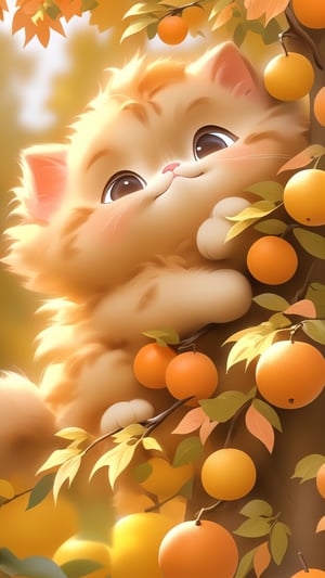 Side view shot, Turn around and look ahead, Two cute little fluffy fat kittens wearing pink coat sit down on the orange tree branch and Picking oranges from the treeand smiled happily, Autumn style, realistic high quality orange tree, oranges full the branch, maple leaves falling, big eyes so cute and beautiful, under the tree have a table, and apples and beautiful flowers, maple leaves falling, orange near flowers, Turn around and look viewers , pink flowers blooming fantastic amazing and romantic lighting bokeh, yellow flowers blooming realistic and green plants amazing tale and lighting as background, Xxmix_Catecat