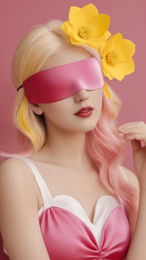 1girl, art nouveau, Pink and white dress, yellow hair, red dress (((pink and yellow Photorealistic))),Flower Blindfold
