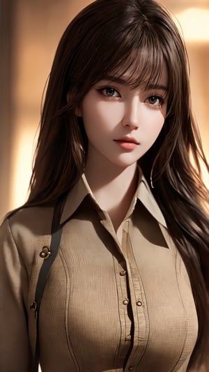 photorealistic, masterpiece, best quality, raw photo, 1girl, solo, long hair, brown hair, detailed face, alluring face, collared shirt, medium breasts, dynamic pose, looking at viewer, from below, detailed background, fine detailed, intricate detail,  ray tracing, depth of field, low key, hdr,1 girl,black pantyhose