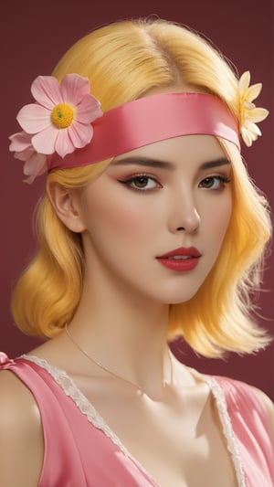 1girl, art nouveau, Pink and white dress, yellow hair, red dress (((pink and yellow Photorealistic))),Flower Blindfold,FilmGirl