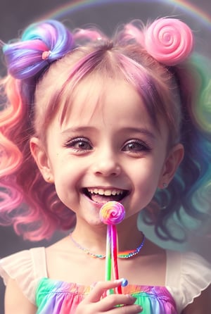 small cute girl in color dress , smile, happy eating lollipop , close up , background, colorful , rainbow